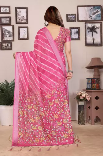 Pink cotton lilen digital printed saree with blouse