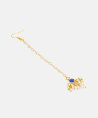 Gold plated kundan blue stones maang tikka 4