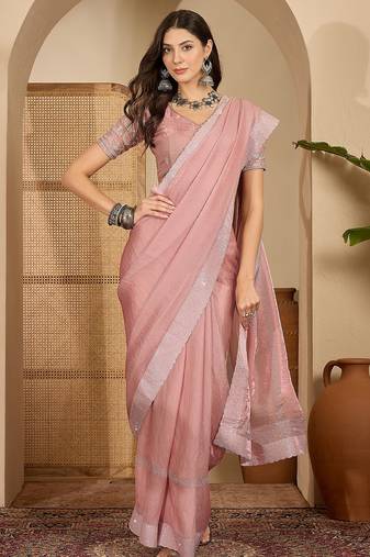 women's pink silk blend chiffon embellished saree with unstitched blouse piece
