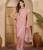 women's pink silk blend chiffon embellished saree with unstitched blouse piece