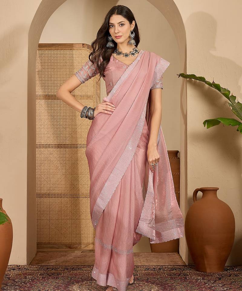 women's pink silk blend chiffon embellished saree with unstitched blouse piece