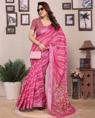 Pink cotton lilen digital printed saree with blouse 4