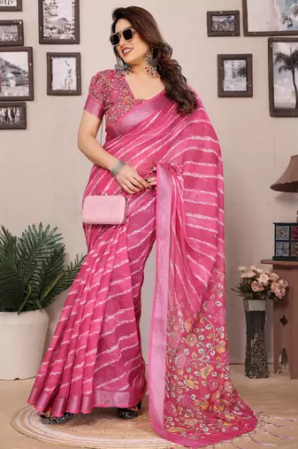 Pink cotton lilen digital printed saree with blouse