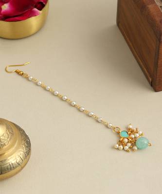 Gold plated kundan green stones maang tikka 2