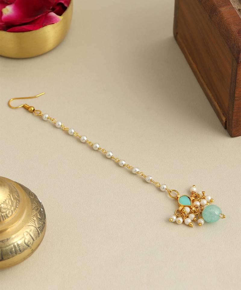 Gold plated kundan green stones maang tikka