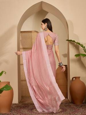 women's pink silk blend chiffon embellished saree with unstitched blouse piece 3