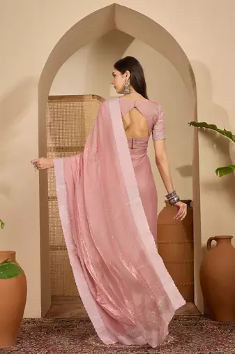 women's pink silk blend chiffon embellished saree with unstitched blouse piece