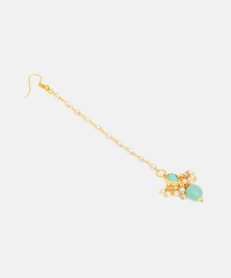 Gold plated kundan green stones maang tikka 4