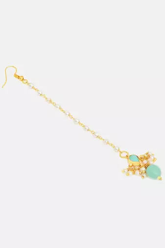 Gold plated kundan green stones maang tikka