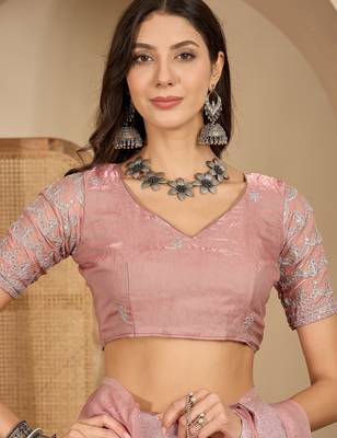 women's pink silk blend chiffon embellished saree with unstitched blouse piece 4