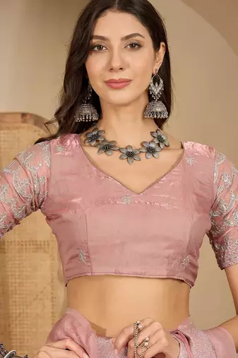 women's pink silk blend chiffon embellished saree with unstitched blouse piece
