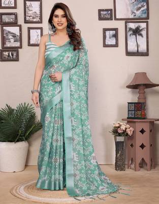 Olive cotton lilen digital printed saree with blouse 1