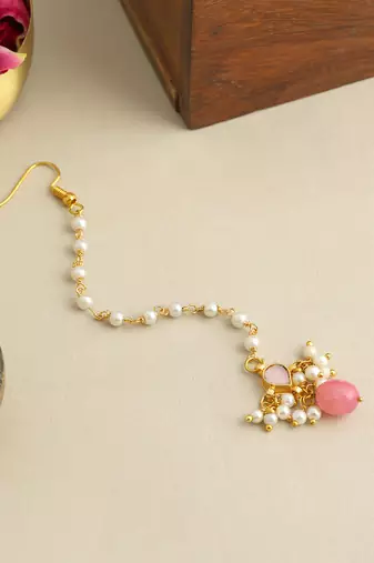 Gold plated kundan pink stones maang tikka