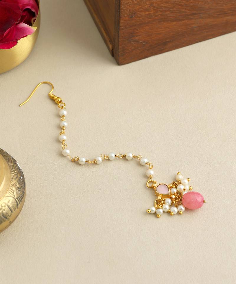 Gold plated kundan pink stones maang tikka