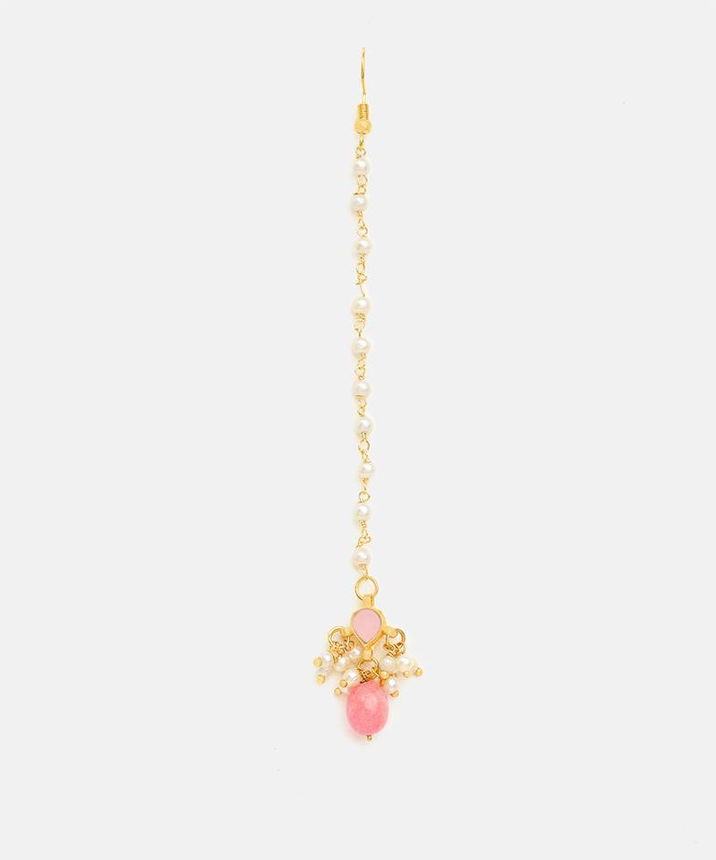 Gold plated kundan pink stones maang tikka