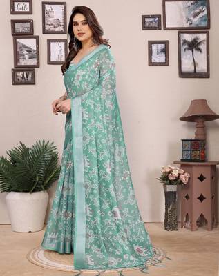 Olive cotton lilen digital printed saree with blouse 2