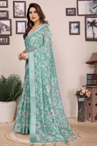 Olive cotton lilen digital printed saree with blouse