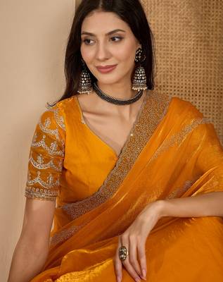women's orange silk blend chiffon embellished saree with unstitched blouse piece 2