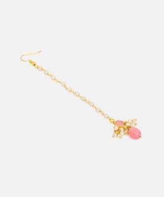 Gold plated kundan pink stones maang tikka 4