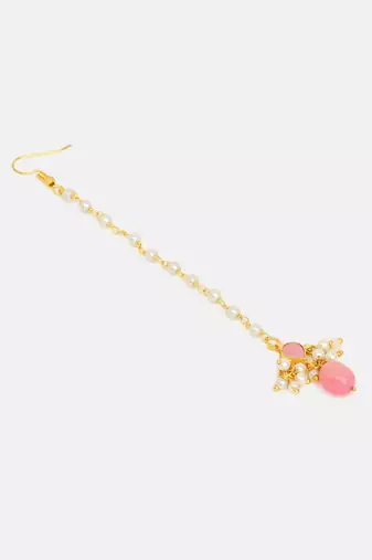 Gold plated kundan pink stones maang tikka