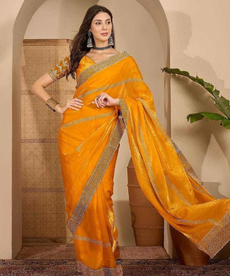 women's orange silk blend chiffon embellished saree with unstitched blouse piece