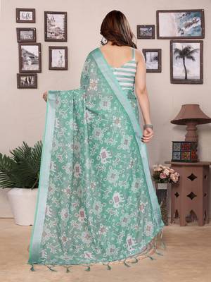 Olive cotton lilen digital printed saree with blouse 3