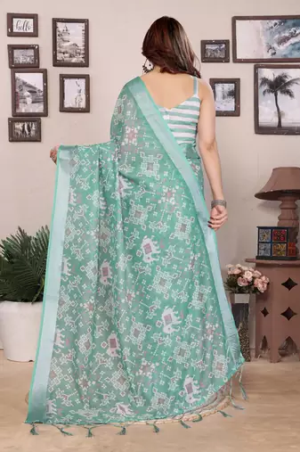 Olive cotton lilen digital printed saree with blouse
