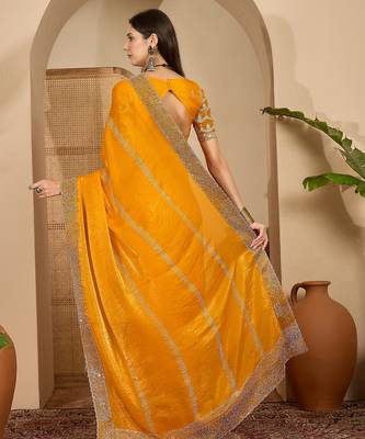 women's orange silk blend chiffon embellished saree with unstitched blouse piece 3