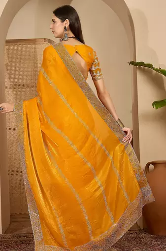 women's orange silk blend chiffon embellished saree with unstitched blouse piece