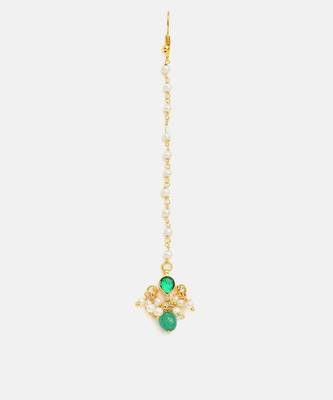 Gold plated kundan green stones maang tikka 3
