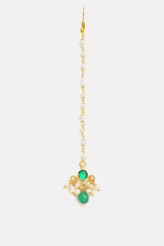 Gold plated kundan green stones maang tikka