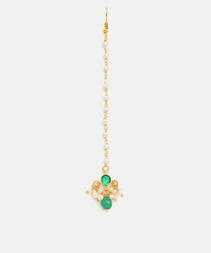 Gold plated kundan green stones maang tikka