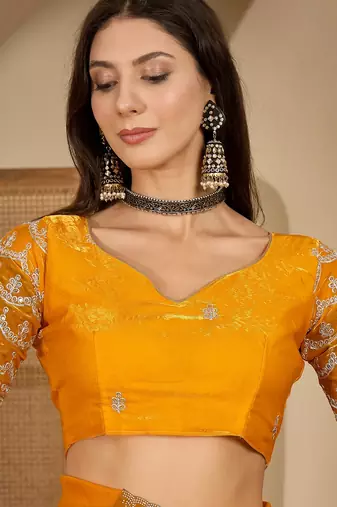 women's orange silk blend chiffon embellished saree with unstitched blouse piece