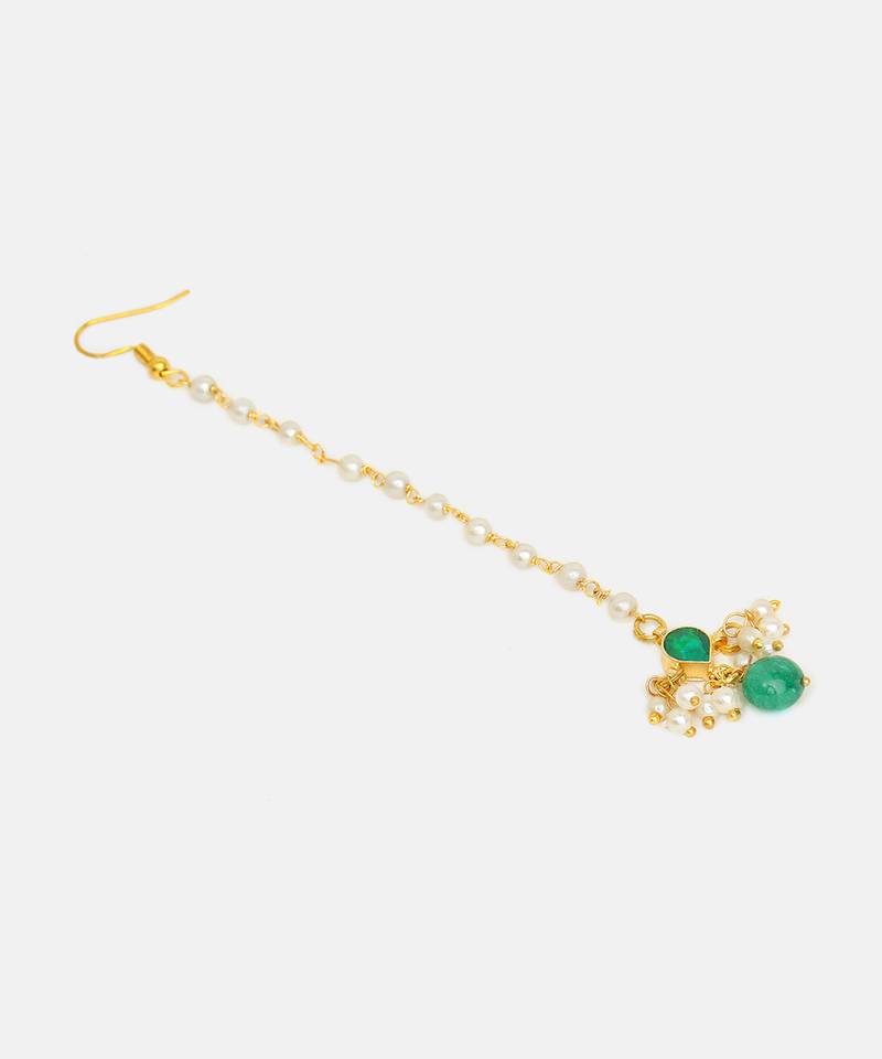 Gold plated kundan green stones maang tikka