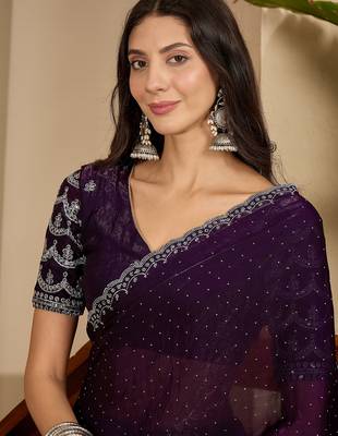 women's purple silk blend chiffon embellished saree with unstitched blouse piece 2