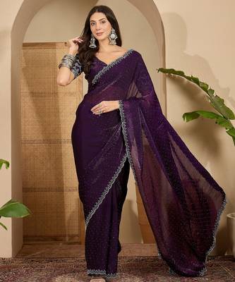 women's purple silk blend chiffon embellished saree with unstitched blouse piece 1