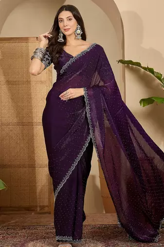 women's purple silk blend chiffon embellished saree with unstitched blouse piece
