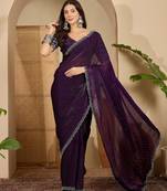 women's purple silk blend chiffon embellished saree with unstitched blouse piece
