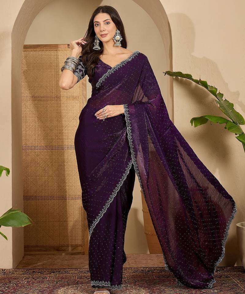 women's purple silk blend chiffon embellished saree with unstitched blouse piece