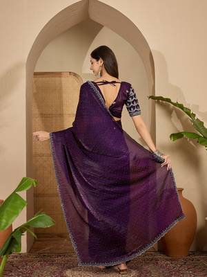 women's purple silk blend chiffon embellished saree with unstitched blouse piece 3
