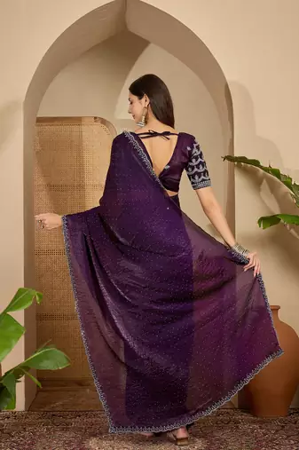women's purple silk blend chiffon embellished saree with unstitched blouse piece