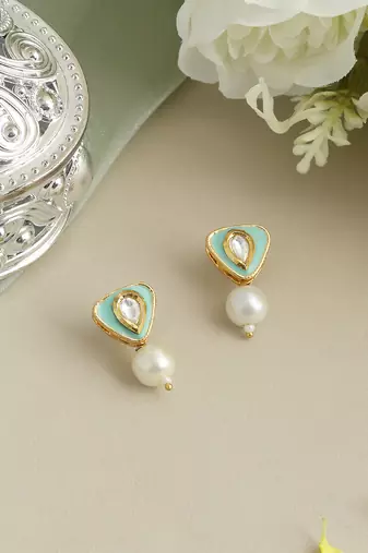 Gold plated kundan green stones earrings