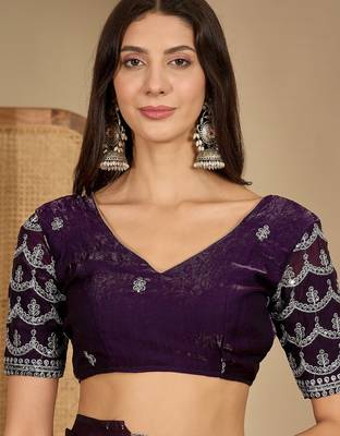 women's purple silk blend chiffon embellished saree with unstitched blouse piece 4