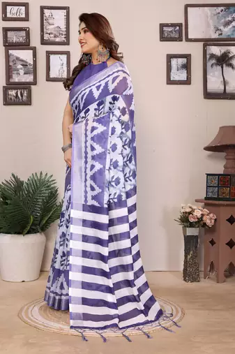 Lavender cotton lilen digital printed saree with blouse