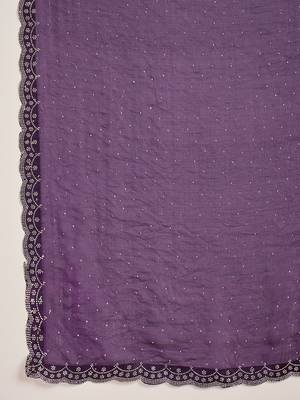 women's purple silk blend chiffon embellished saree with unstitched blouse piece 5