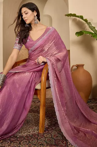 women's onion silk blend chiffon embellished saree with unstitched blouse piece