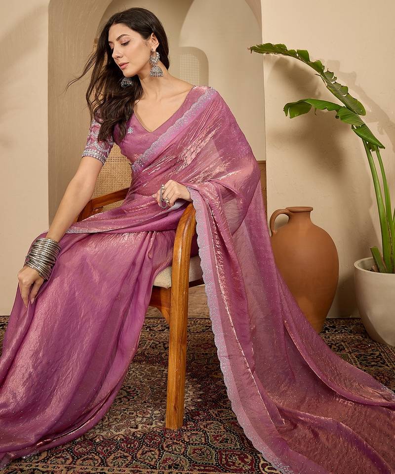 women's onion silk blend chiffon embellished saree with unstitched blouse piece