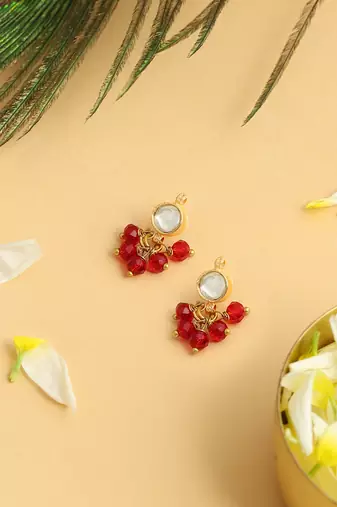 Gold plated kundan maroon stones earrings
