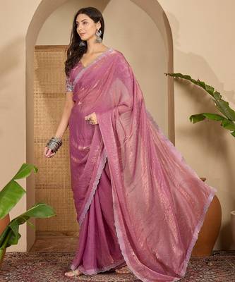 women's onion silk blend chiffon embellished saree with unstitched blouse piece 2