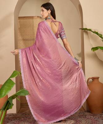 women's onion silk blend chiffon embellished saree with unstitched blouse piece 3